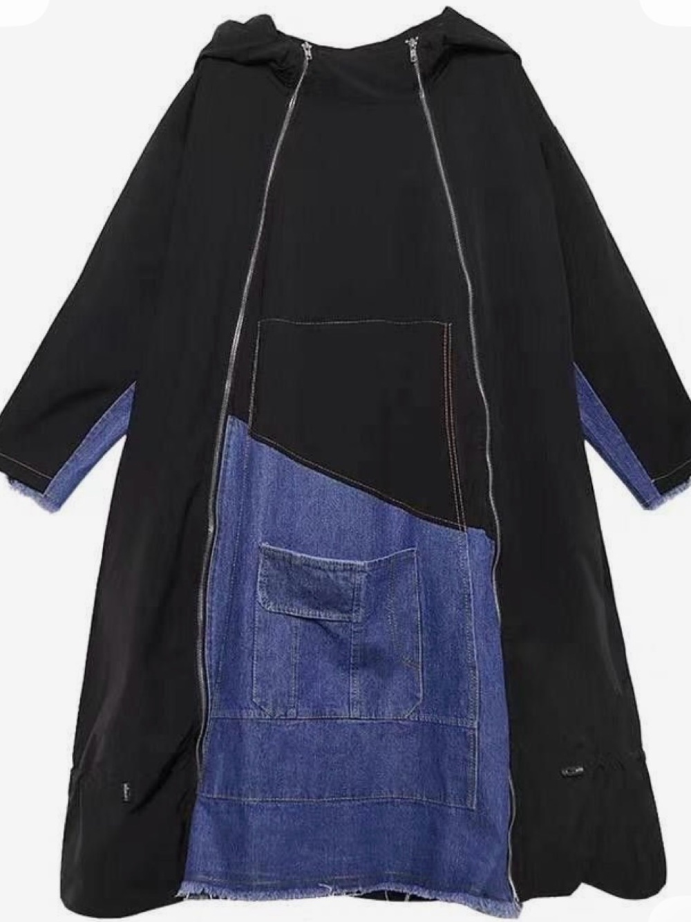 Black Hooded Dress with Denim Accents